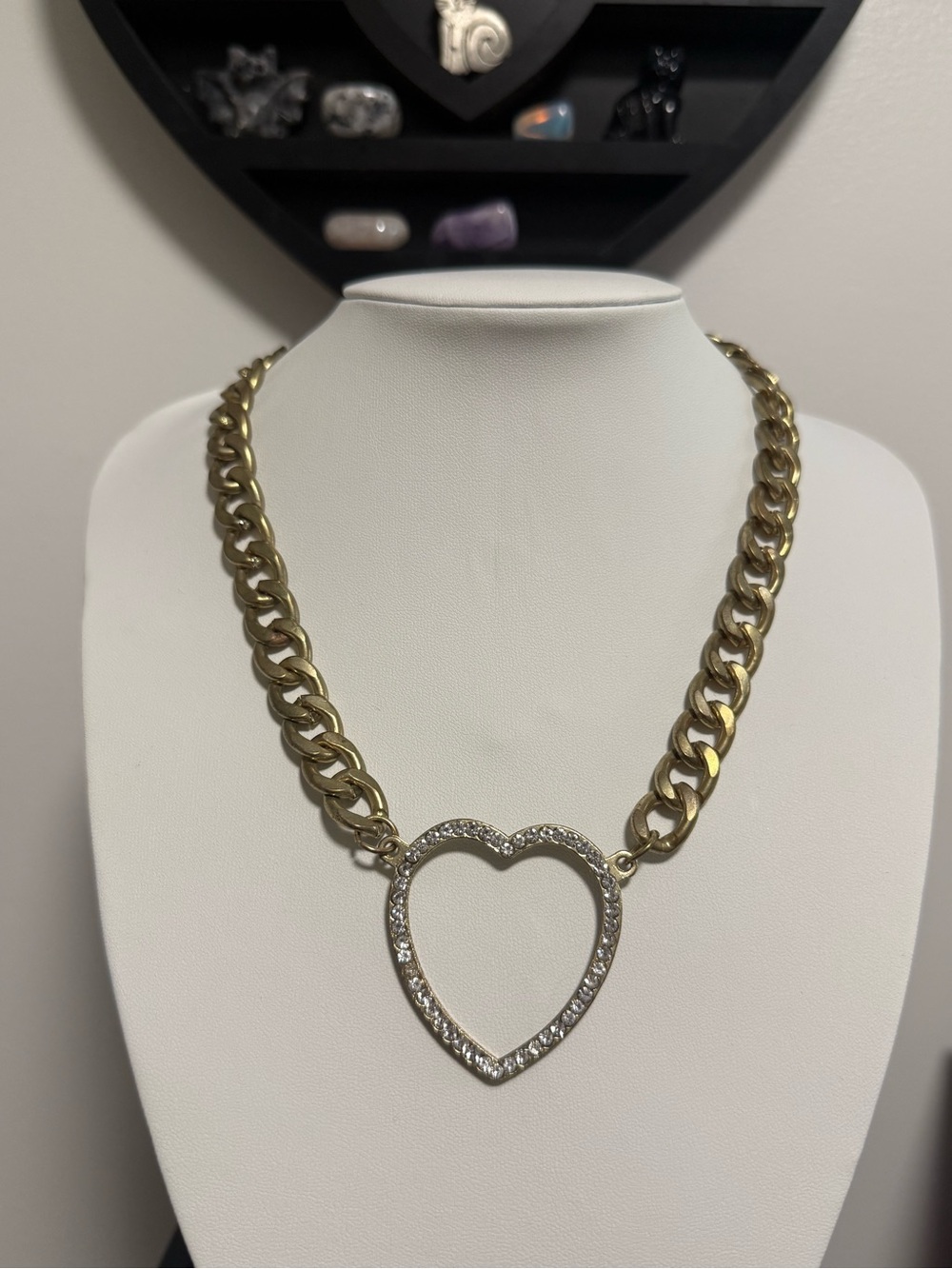 Gold Chain Necklace with Rhinestone Heart